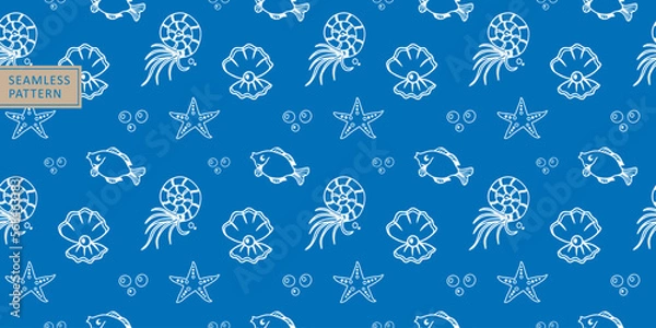 Fototapeta Vector seamless marine pattern with starfish, clams, fish, shells and air bubbles for baby textiles, backgrounds, wrapping paper, covers