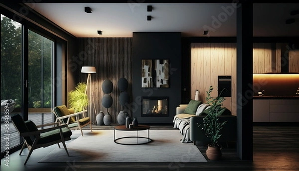 Obraz Modern home interior, warm sofa and fireplace