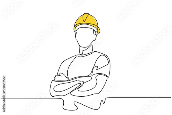 Fototapeta Single continuous line drawing of young construction worker. Building architecture business concept. One line draw design vector