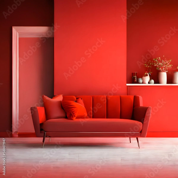 Fototapeta Cozy modern living room interior with red sofa and decoration room on a red or white wall background, Generative AI
