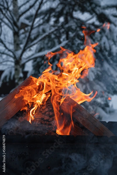 Fototapeta Firewood is burning in the grill. Fire on the background of snow. Heat and cold. Flames.