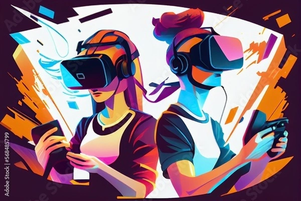 Fototapeta Metaverse VR virtual reality game playing, man and woman play metaverse virtual digital technology game control with VR goggle