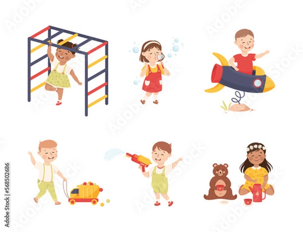 Fototapeta Smiling Boy and Girl Playing and Having Fun Vector Set