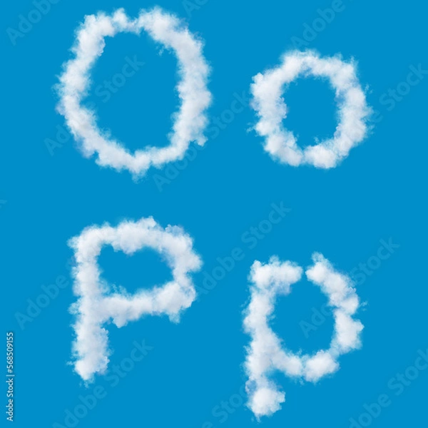 Fototapeta white alphabet made of clouds on a blue sky, upperscale and lowercase letters, 3d render, 