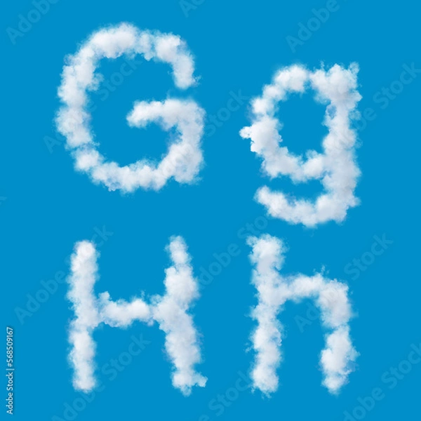 Fototapeta white alphabet made of clouds on a blue sky, upperscale and lowercase letters, 3d render, 