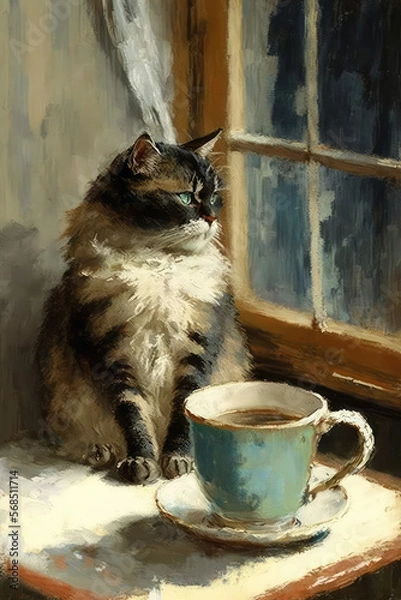 Obraz Cat with a cup of coffee, vintage oil painting, ai generative
