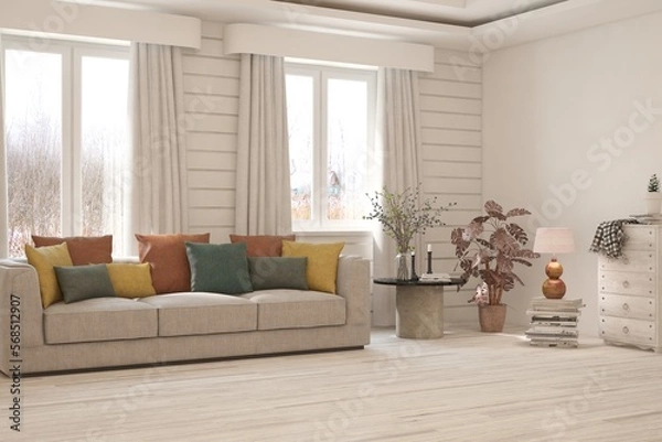 Obraz White living room with sofa and winter landscape in window. Scandinavian interior design. 3D illustration