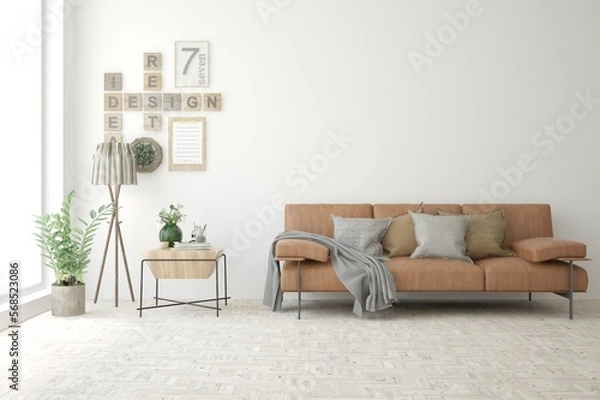 Obraz Soft color living room with sofa. Scandinavian interior design. 3D illustration