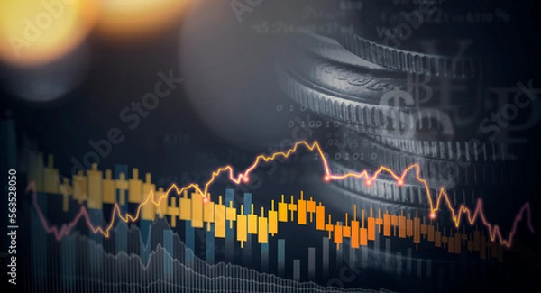 Fototapeta Double exposure image of coin stacks on technology financial graph background.Economy trends background for business ,financial meltdown ,Cryptocurrency digital economy.