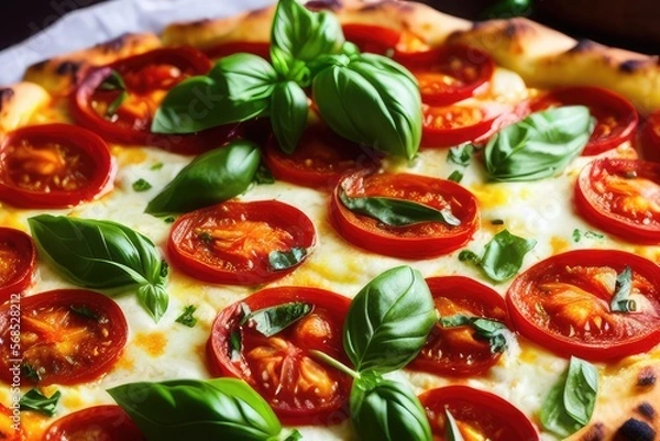 Fototapeta High-Resolution Image of a Delicious Italian Pizza Topped with Tomato, Mozzarella and Basil, Perfect for Adding a Tasty and Italian Element to any Food Design Project