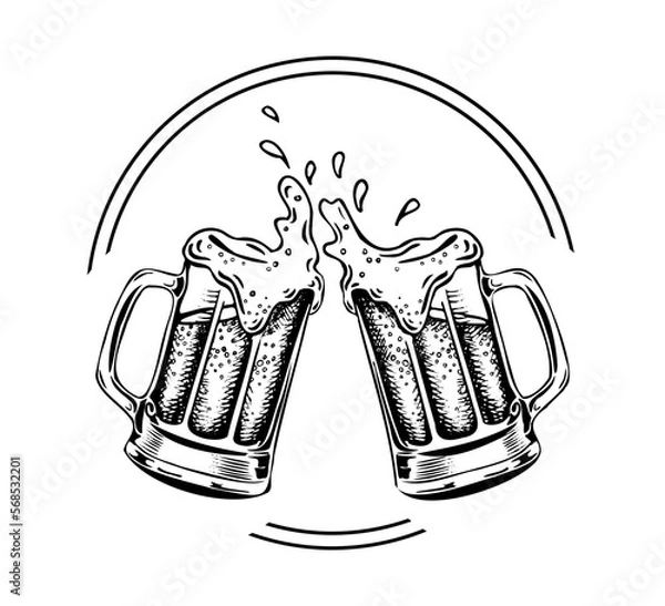 Obraz Hand drawn beer mugs with foam splashing.
