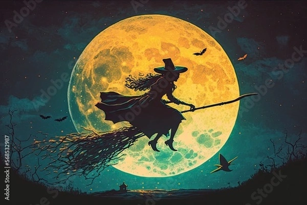 Fototapeta A witch flying on her broomstick over a full moon, digital art style, illustration painting generative ai