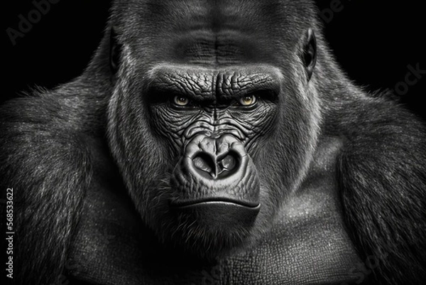 Fototapeta Portrait face powerful dominant male gorilla on black background, Beautiful Portrait of a Gorilla. severe silverback, anthropoid ape, stern face. isolated black background,Generative AI

