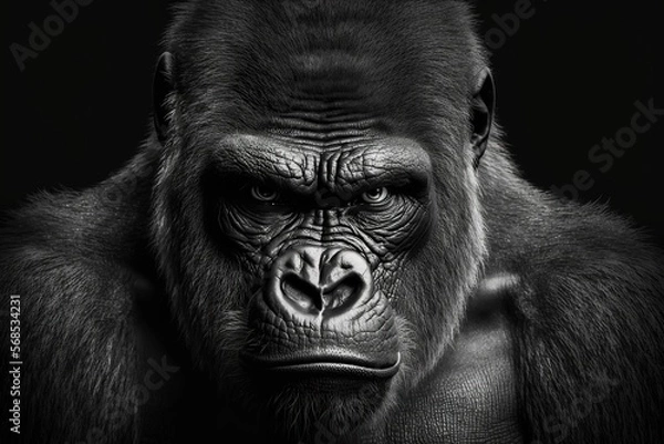 Fototapeta Portrait face powerful dominant male gorilla on black background, Beautiful Portrait of a Gorilla. severe silverback, anthropoid ape, stern face. isolated black background,Generative AI
