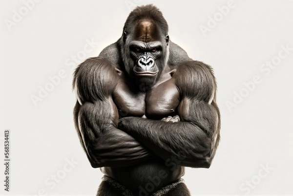 Fototapeta Portrait face powerful dominant male gorilla on black background, Beautiful Portrait of a Gorilla. severe silverback, anthropoid ape, stern face. isolated black background,Generative AI
