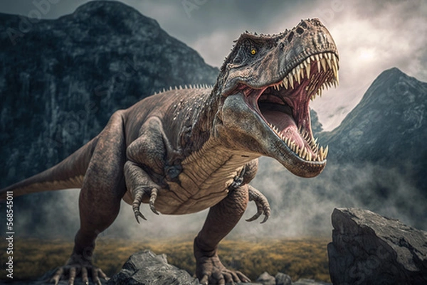 Obraz Dinozaur: Tyrannosaurus Rex z potężnymi szczękami otwartymi, okrutną potęgą T-Rex, generatywną AI