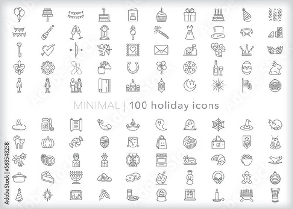 Fototapeta Set of 100 holiday line icons of items and themes for annual holidays celebrated worldwide