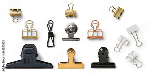 Fototapeta set of various paper clips isolated over a transparent background, office desk stationery, golden, silver, black, white, and rose gold design elements for attachments to your layouts or moodboards
