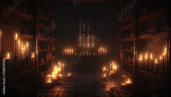 Fototapeta  a dark room filled with lots of lit candles in front of a window with a window sill in the corner and a window behind it.  generative ai
