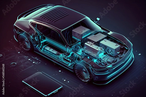 Fototapeta Top view of the car. Futuristic car service, scanning and auto data analysis. Car auto service, Modern design, diagnostic auto