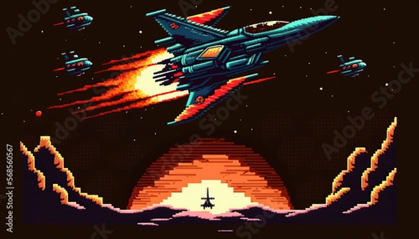 Fototapeta A space ship on an racetrack, Retro computer games level. Pixel art video game scene 8 bit.