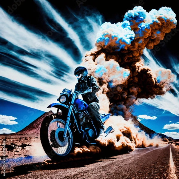 Fototapeta motorcyclist traveling down a road and in the background an erupting volcano generative AI