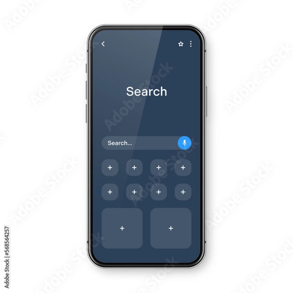 Obraz Smartphone with blank internet browser window and search bar, dark mode. Web site engine with search box, address bar and text field. UI design, website interface elements. Vector illustration