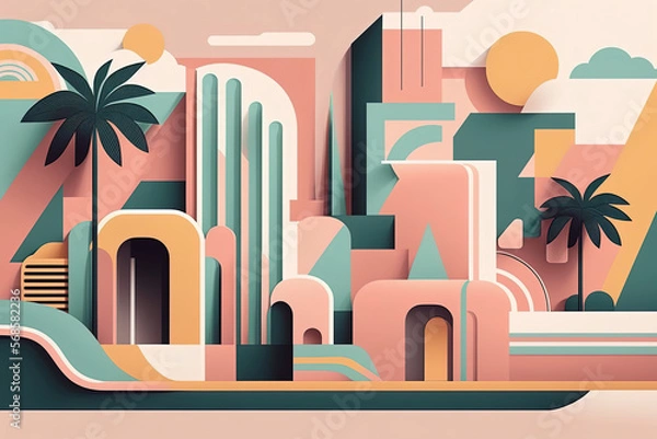 Fototapeta a minimalist travel illustration of Miami City in pastel colors with iconic symbols, geometric fluid shape composition