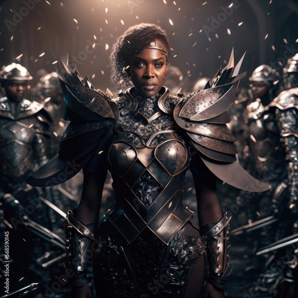 Fototapeta Beautiful African American Woman, Covered in Shiny Armor, Leading an Army of Soldiers, generative ai