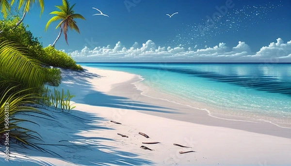 Fototapeta  ładna plaża z białym piaskiem, chmurą, palmą i falą
