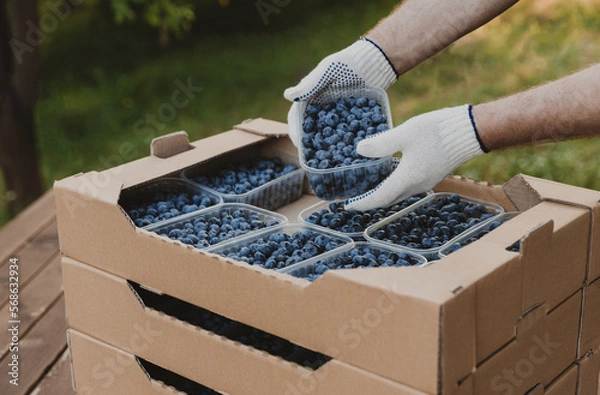 Fototapeta Male hands holding plastic container with large blueberries over cardboard box or crate full of blueberry. Berry shipping, delivery concept. Seller showcase the product. Worker show collected product