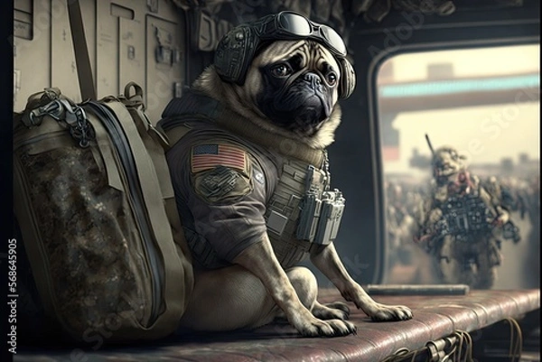 Fototapeta Healthy Dog pug breed purebred wearing military uniform. Generative AI