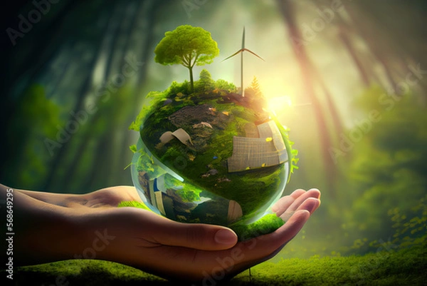 Fototapeta Photo world environment day glass globe on soil in nature concept for environment. Generative Ai