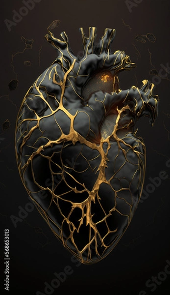 Fototapeta Anatomical heart in dark kintsugi. Generative AI