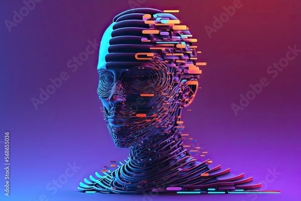 Fototapeta Neon-Colored 3D Cyborg Head: Artificial Intelligence and Machine Learning. Photo AI