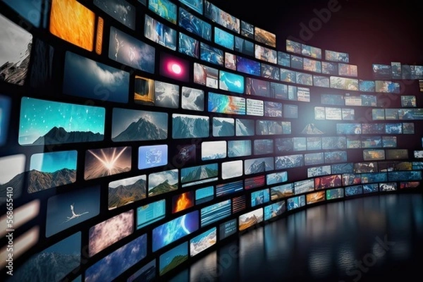 Fototapeta Digital Innovation: Video Wall with Multiple Small Screens for Media Concept. Photo AI