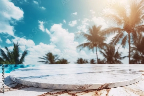 Fototapeta Tropical marble pedestal product display, palm tree sun and cloud sky background, beach showcase, copy space