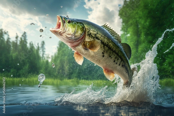 Obraz Largemouth Bass Jumping out of water created with Generative AI Technology, ai, generative