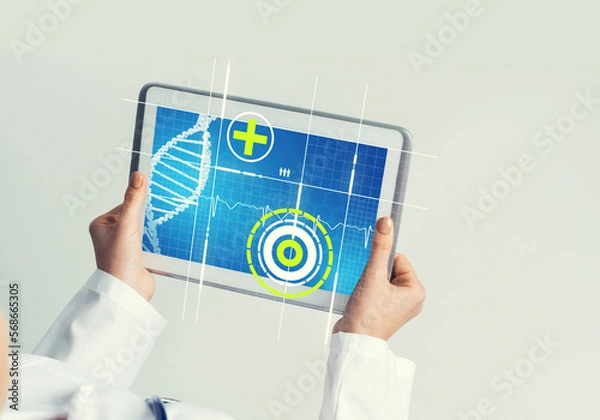 Fototapeta Close of female doctor hands working with tablet pc computer