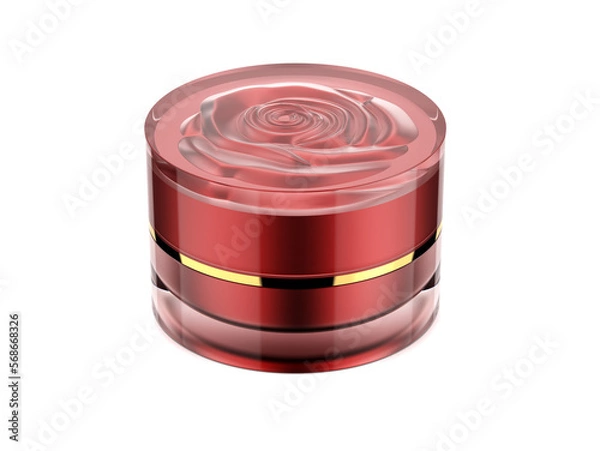 Fototapeta Cosmetic or Skincare acrylic jar,Red rose carving design on cover,inner body&Cover is a rough metallic red,Front view on white background.3d rendered