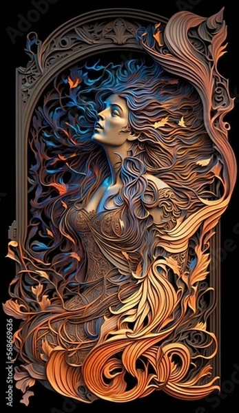 Fototapeta Painted wood relief carving of psychic wave, explosion celest, intricately carved