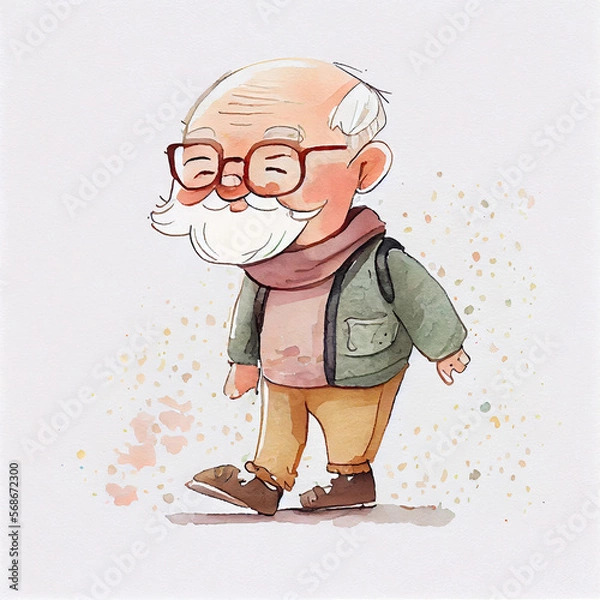 Fototapeta Watercolor illustration of an elderly man smiling. Generative ai