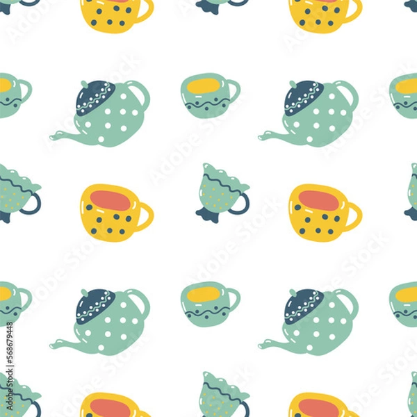 Fototapeta Vector seamless pattern with cups and teapot