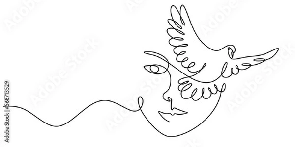 Fototapeta One line of face and bird isolated on white background. Hand drawing continuous line minimalism.