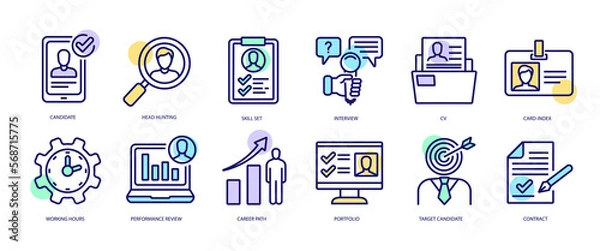 Fototapeta Set of linear icons with Head hunting concept in purple, yellow on blue colors. Icons represent the search for new people, the selection of candidates, professional development.