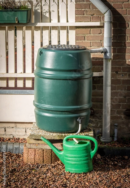 Obraz Green rain barrel and watering can to collect rain water, concept of water conservation