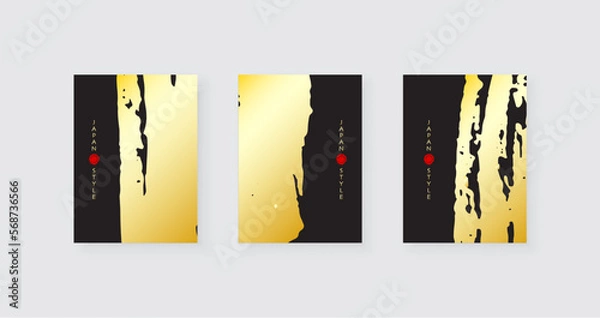 Obraz Golden ink brush stroke on black background. Japanese style. Vector illustration with grunge stains.