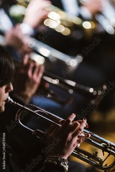 Fototapeta Trumpeters of a marching band in a row play during a concert in the theater