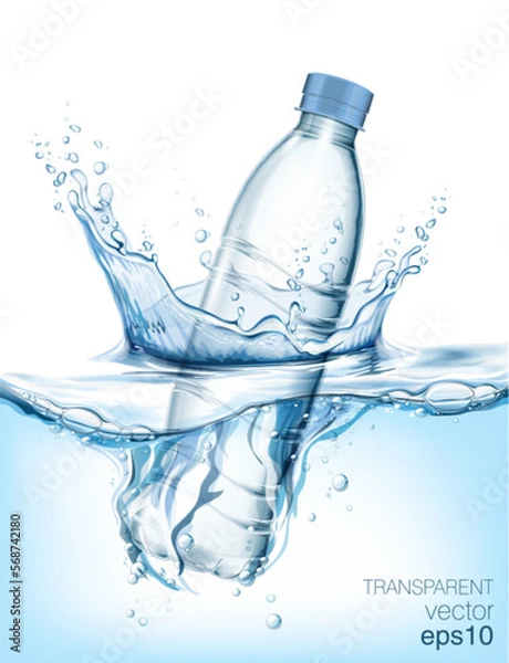 Fototapeta Transparent realistic vector mineral water plastic bottle in water with water splash and drops on blue background 