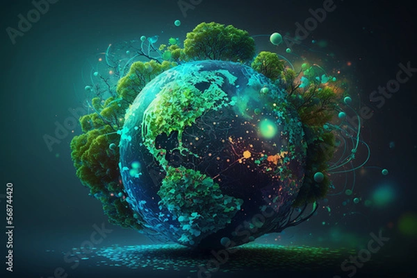 Fototapeta illustration concept of saving the earth and energy Planet Earth with leaf texture and Milky Way as background, Generative AI.